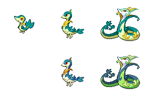 Edited shiny sprites of the Snivy line. Servine and Serperior's original sprites are below, while the sprites above them have Snivy's colors.